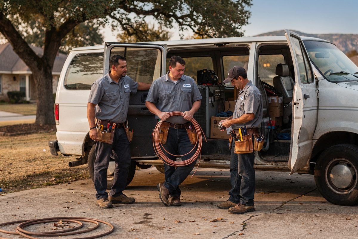 Three HVAC technicians standing beside their service van in a driveway