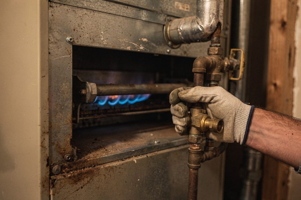 Close-up of a gas furnace burner with a blue ignition flame during a technician's adjustment