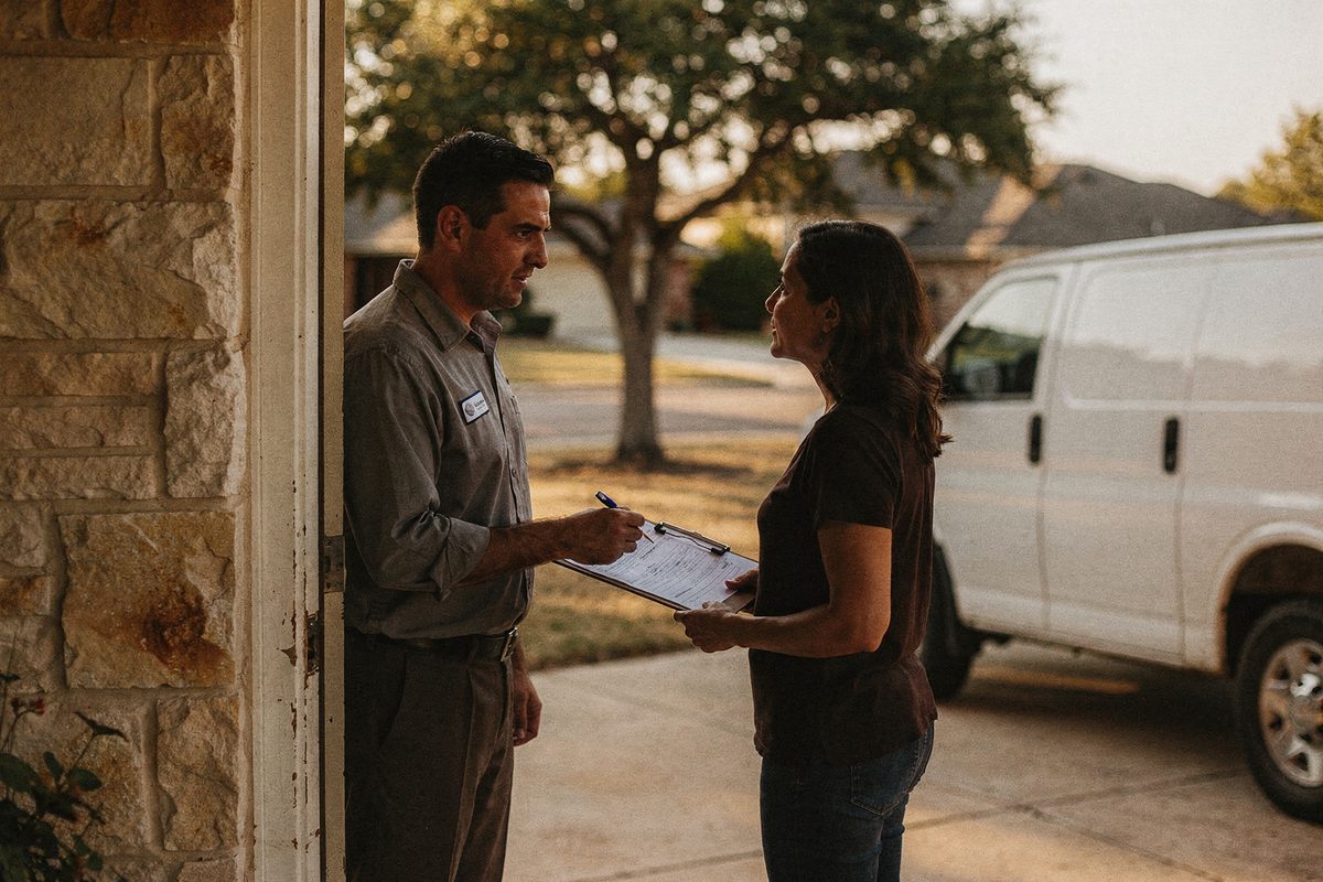 Technician handing a signed work order to a homeowner at the front door