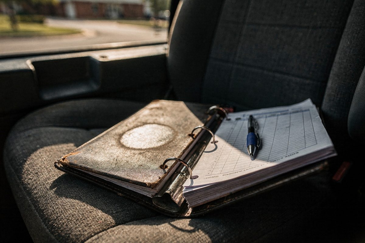 Invoice binder resting on the passenger seat of a service van