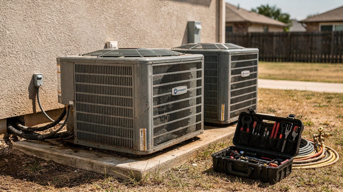 Outdoor air conditioning condenser units beside a house in bright Texas sunlight